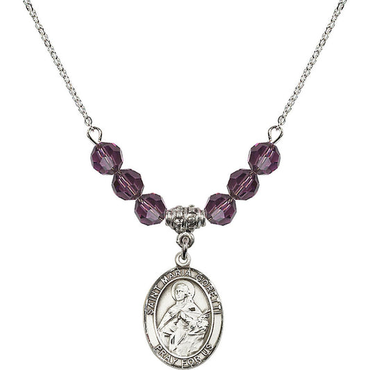 Sterling Silver Saint Maria Goretti Birthstone Necklace with Amethyst Beads - 8208
