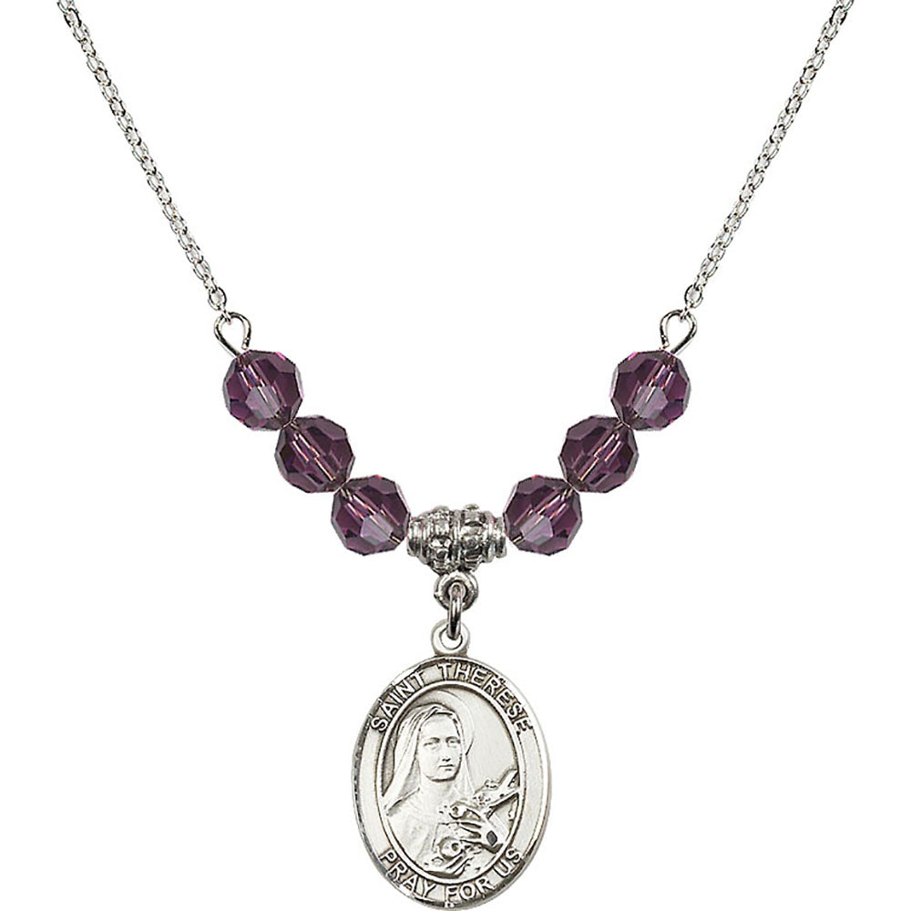 Sterling Silver Saint Therese of Lisieux Birthstone Necklace with Amethyst Beads - 8210