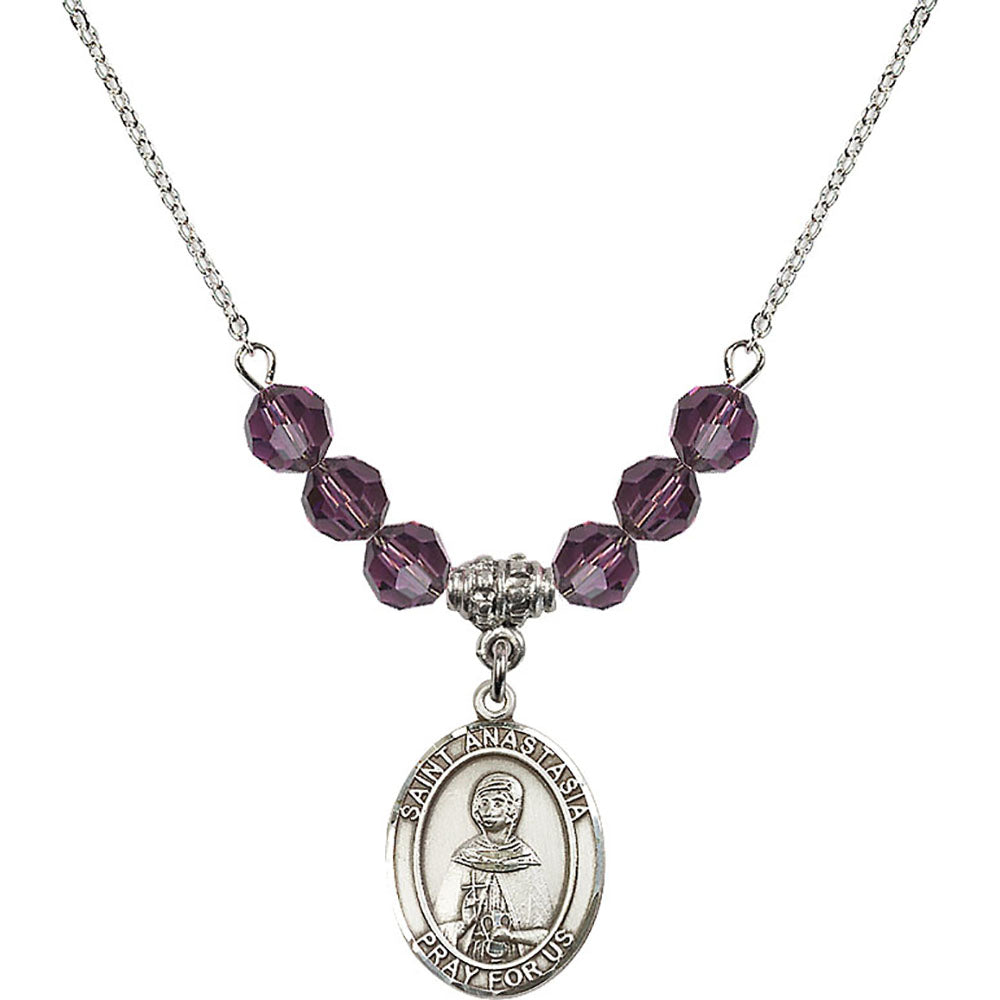 Sterling Silver Saint Anastasia Birthstone Necklace with Amethyst Beads - 8213