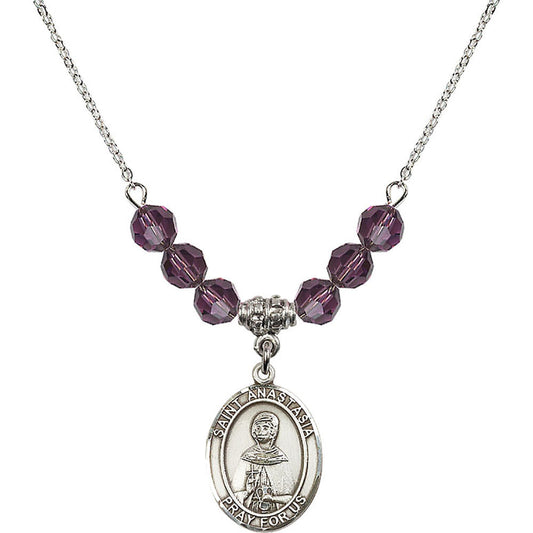 Sterling Silver Saint Anastasia Birthstone Necklace with Amethyst Beads - 8213