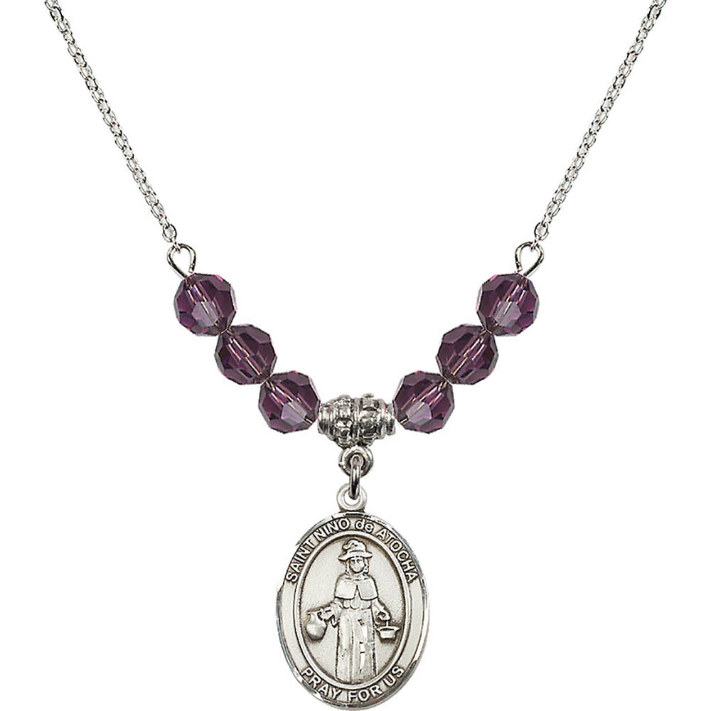 Sterling Silver Saint Nino de Atocha Birthstone Necklace with Amethyst Beads - 8214