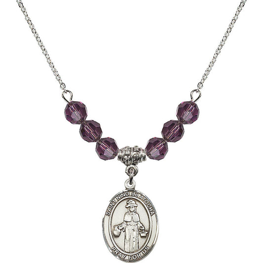 Sterling Silver Saint Nino de Atocha Birthstone Necklace with Amethyst Beads - 8214