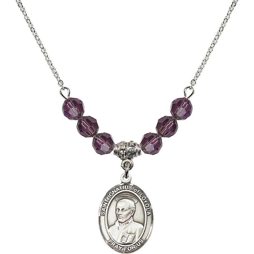 Sterling Silver Saint Ignatius of Loyola Birthstone Necklace with Amethyst Beads - 8217