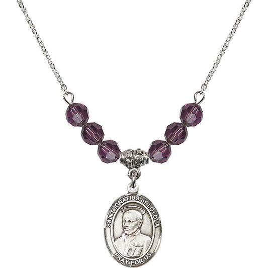 Sterling Silver Saint Ignatius of Loyola Birthstone Necklace with Amethyst Beads - 8217
