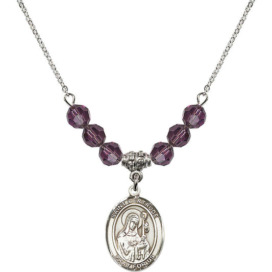 Sterling Silver Saint Gertrude of Nivelles Birthstone Necklace with Amethyst Beads - 8219