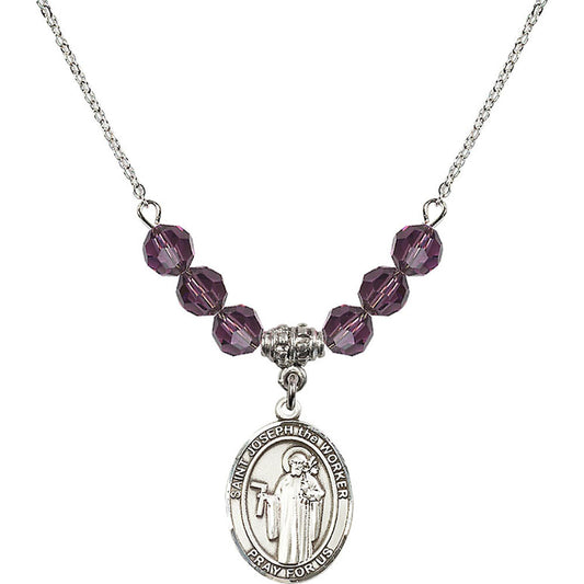 Sterling Silver Saint Joseph the Worker Birthstone Necklace with Amethyst Beads - 8220