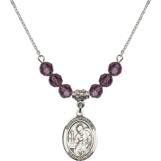 Sterling Silver Saint Alphonsus Birthstone Necklace with Amethyst Beads - 8221