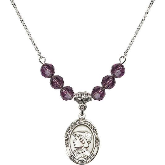 Sterling Silver Saint Elizabeth Ann Seton Birthstone Necklace with Amethyst Beads - 8224