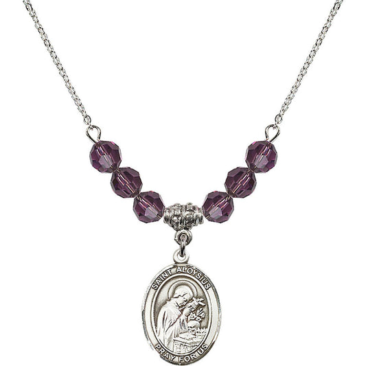 Sterling Silver Saint Aloysius Gonzaga Birthstone Necklace with Amethyst Beads - 8225