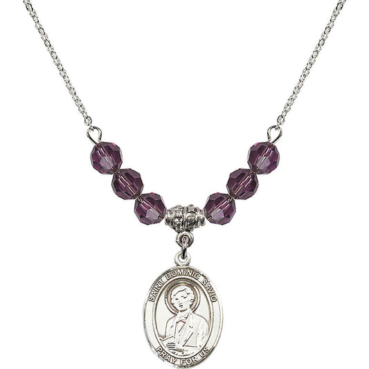 Sterling Silver Saint Dominic Savio Birthstone Necklace with Amethyst Beads - 8227