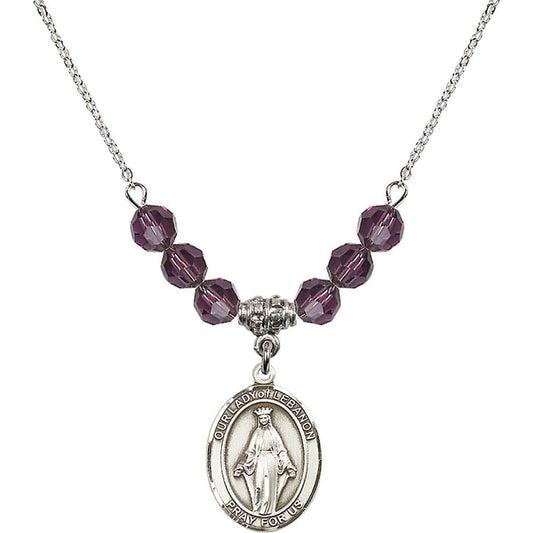 Sterling Silver Our Lady of Lebanon Birthstone Necklace with Amethyst Beads - 8229