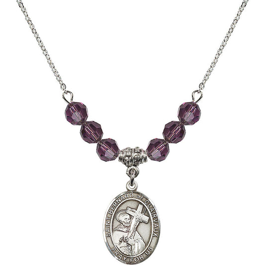 Sterling Silver Saint Bernard of Clairvaux Birthstone Necklace with Amethyst Beads - 8233