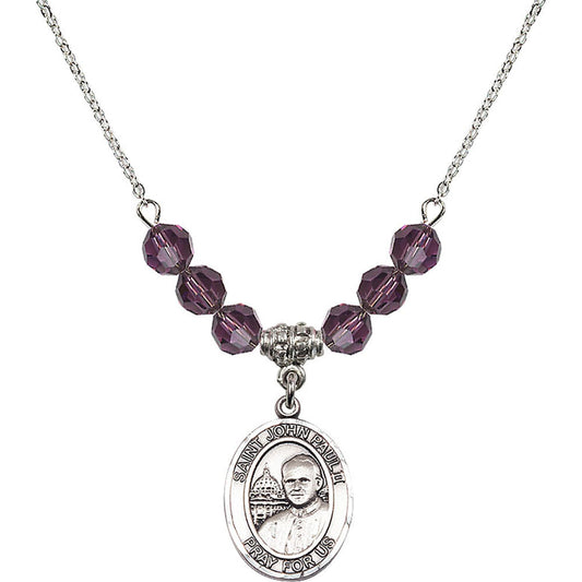 Sterling Silver Saint John Paul II Birthstone Necklace with Amethyst Beads - 8234