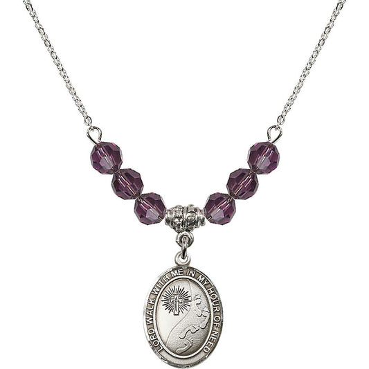 Sterling Silver Footprints / Cross Birthstone Necklace with Amethyst Beads - 8237