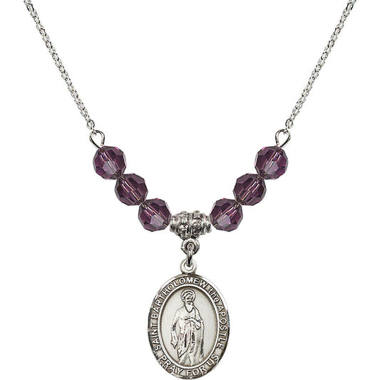 Sterling Silver Saint Bartholomew the Apostle Birthstone Necklace with Amethyst Beads - 8238