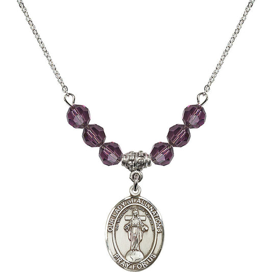 Sterling Silver Our Lady of All Nations Birthstone Necklace with Amethyst Beads - 8242