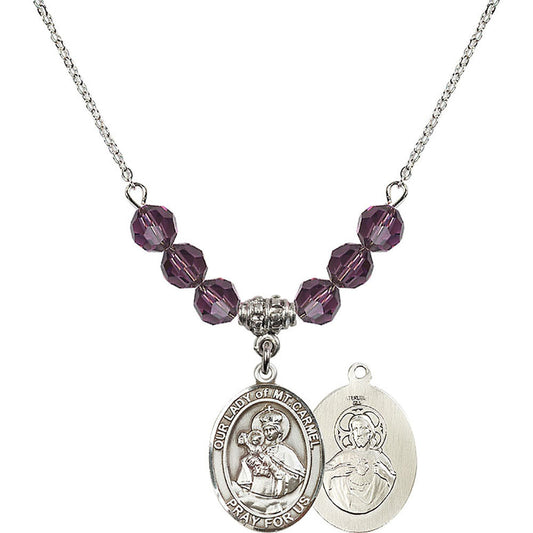 Sterling Silver Our Lady of Mount Carmel Birthstone Necklace with Amethyst Beads - 8243