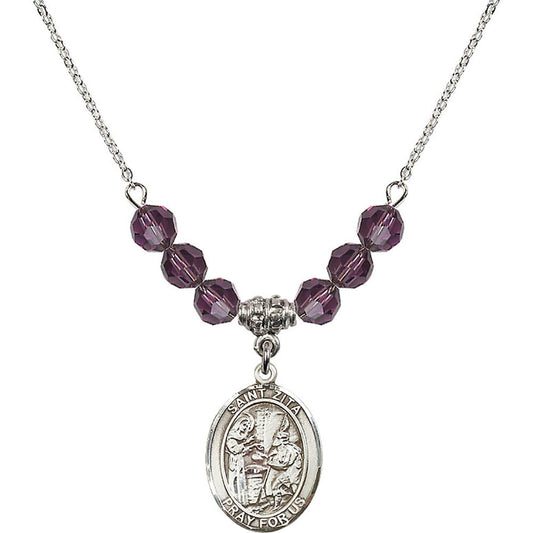 Sterling Silver Saint Zita Birthstone Necklace with Amethyst Beads - 8244
