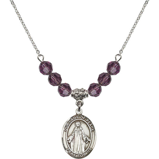 Sterling Silver Our Lady of Peace Birthstone Necklace with Amethyst Beads - 8245