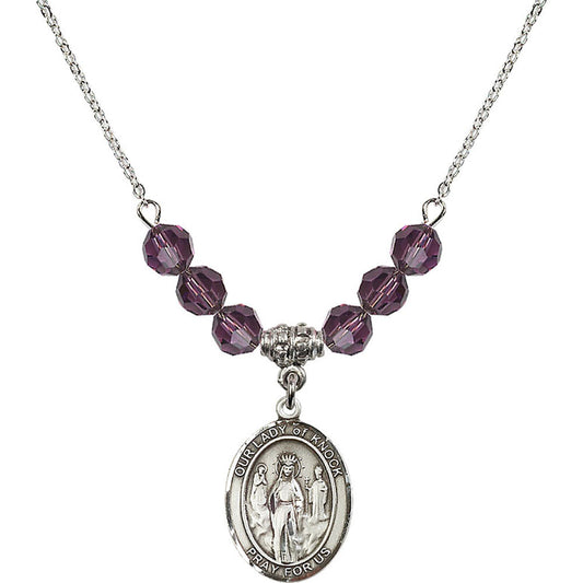 Sterling Silver Our Lady of Knock Birthstone Necklace with Amethyst Beads - 8246