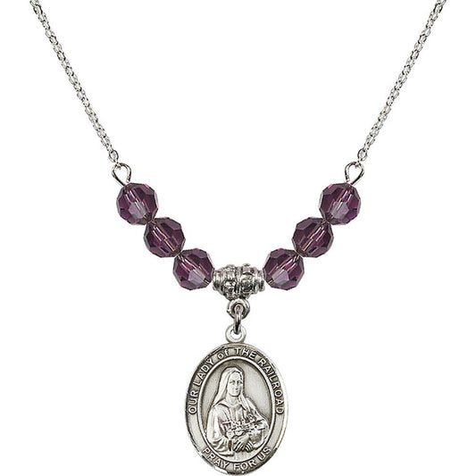 Sterling Silver Our Lady of the Railroad Birthstone Necklace with Amethyst Beads - 8247