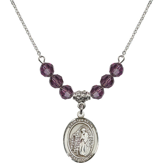 Sterling Silver Saint Aaron Birthstone Necklace with Amethyst Beads - 8254