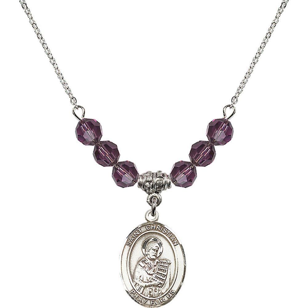 Sterling Silver Saint Christian Demosthenes Birthstone Necklace with Amethyst Beads - 8257