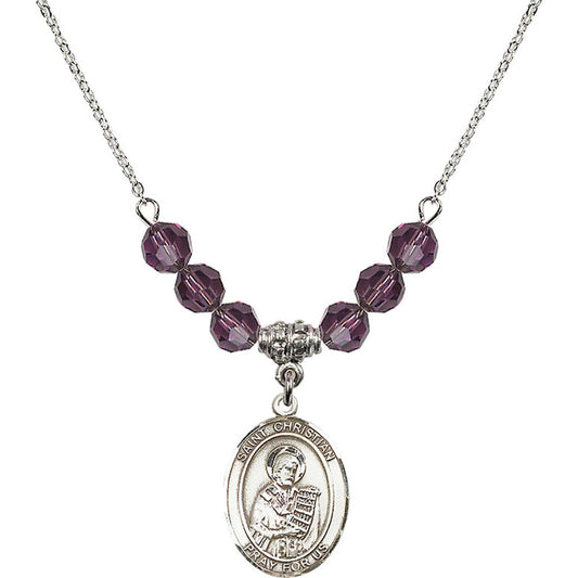 Sterling Silver Saint Christian Demosthenes Birthstone Necklace with Amethyst Beads - 8257