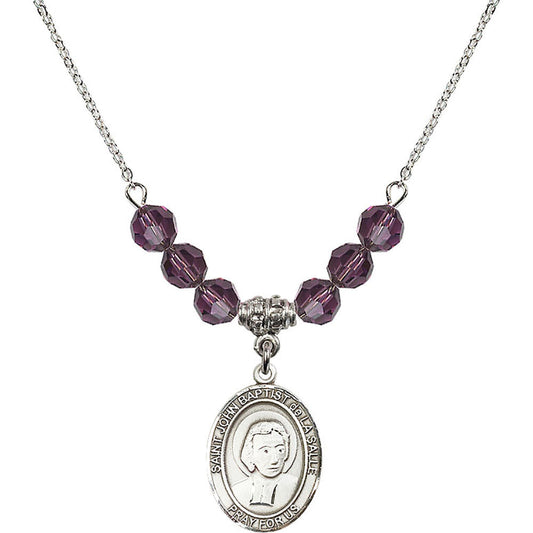 Sterling Silver Saint John Baptist de la Salle Birthstone Necklace with Amethyst Beads - 8262