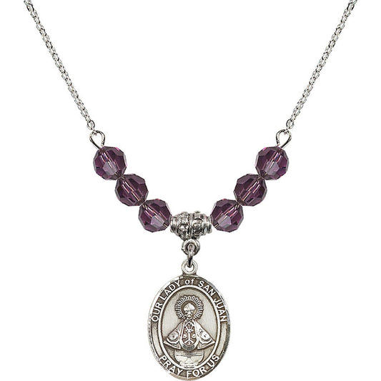 Sterling Silver Our Lady of San Juan Birthstone Necklace with Amethyst Beads - 8263
