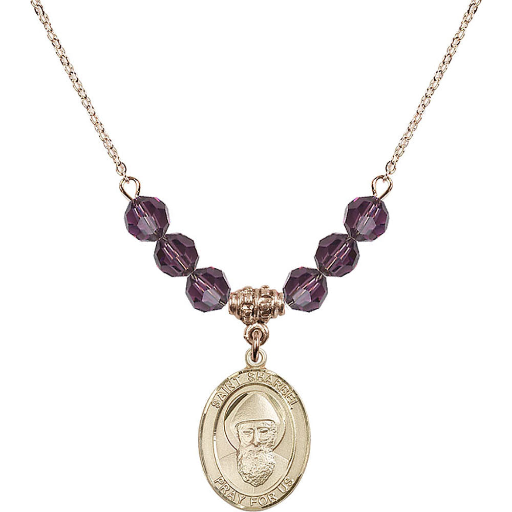 14kt Gold Filled Saint Sharbel Birthstone Necklace with Amethyst Beads - 8271
