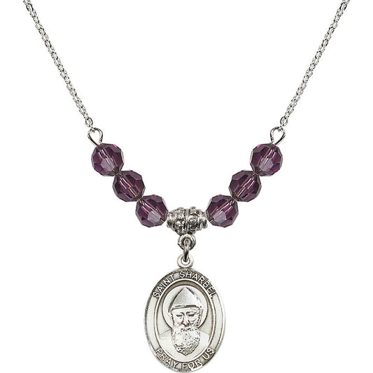 Sterling Silver Saint Sharbel Birthstone Necklace with Amethyst Beads - 8271