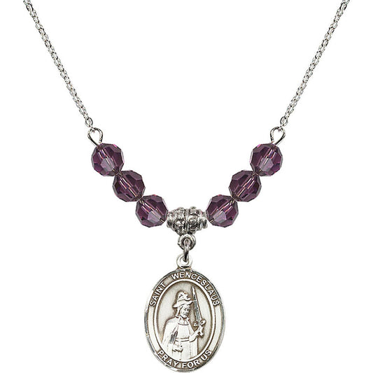 Sterling Silver Saint Wenceslaus Birthstone Necklace with Amethyst Beads - 8273
