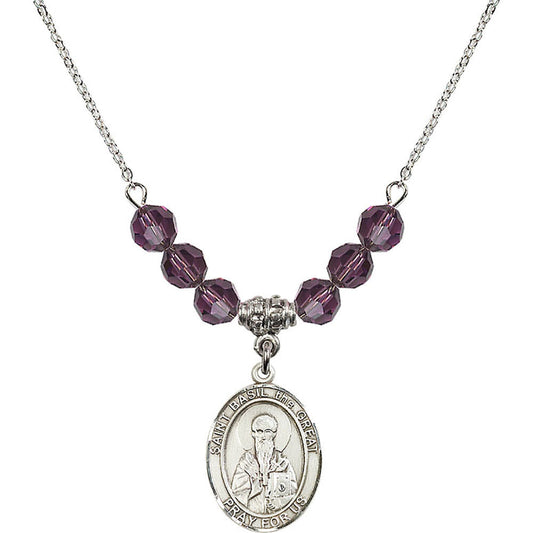 Sterling Silver Saint Basil the Great Birthstone Necklace with Amethyst Beads - 8275