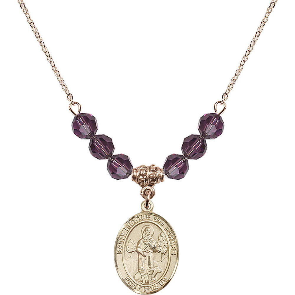 14kt Gold Filled Saint Isidore the Farmer Birthstone Necklace with Amethyst Beads - 8276