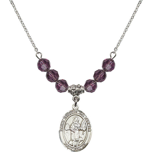 Sterling Silver Saint Isidore the Farmer Birthstone Necklace with Amethyst Beads - 8276