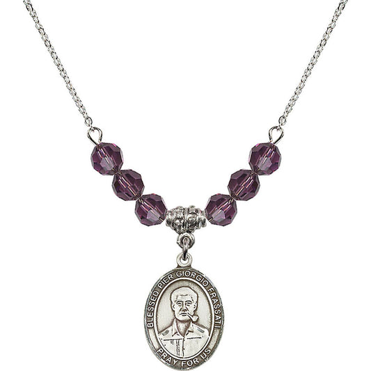 Sterling Silver Blessed Pier Giorgio Frassati Birthstone Necklace with Amethyst Beads - 8278