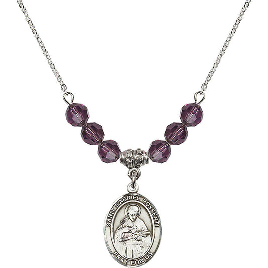 Sterling Silver Saint Gabriel Possenti Birthstone Necklace with Amethyst Beads - 8279
