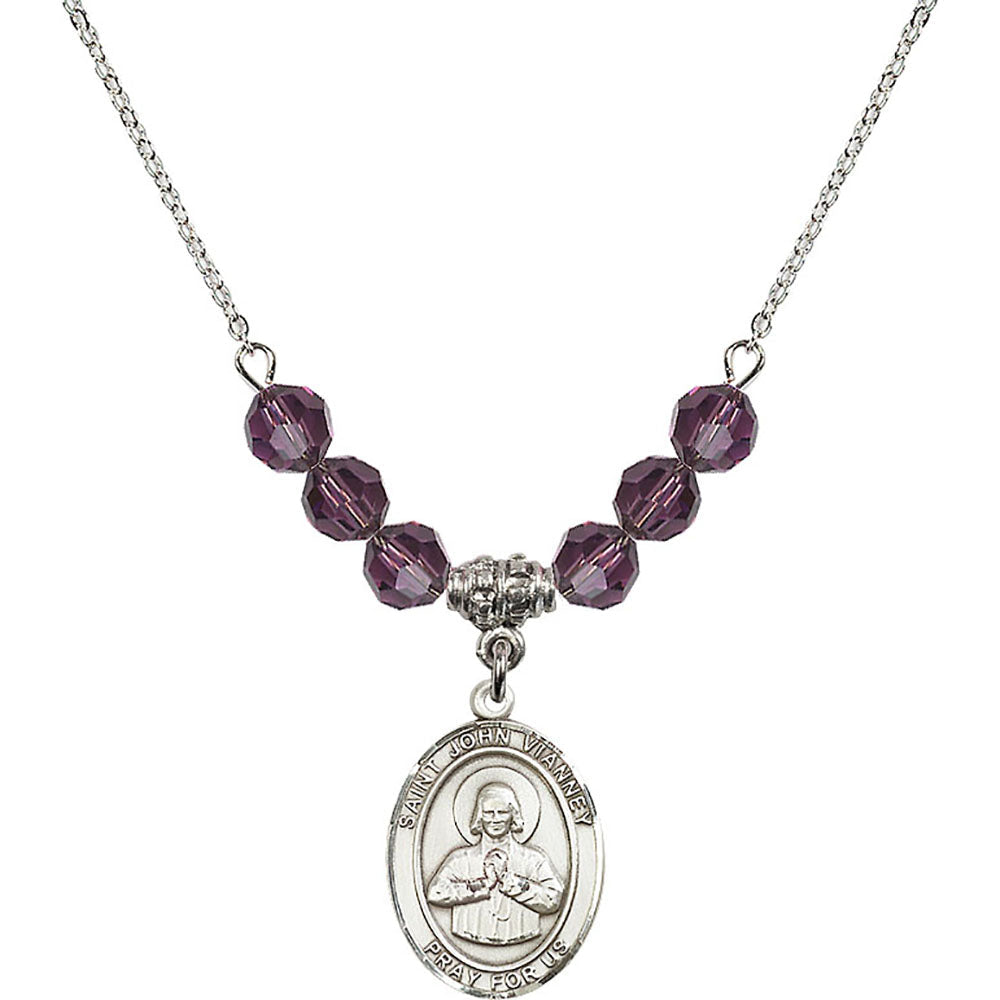 Sterling Silver Saint John Vianney Birthstone Necklace with Amethyst Beads - 8282