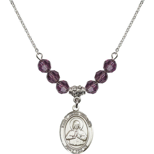 Sterling Silver Saint John Vianney Birthstone Necklace with Amethyst Beads - 8282