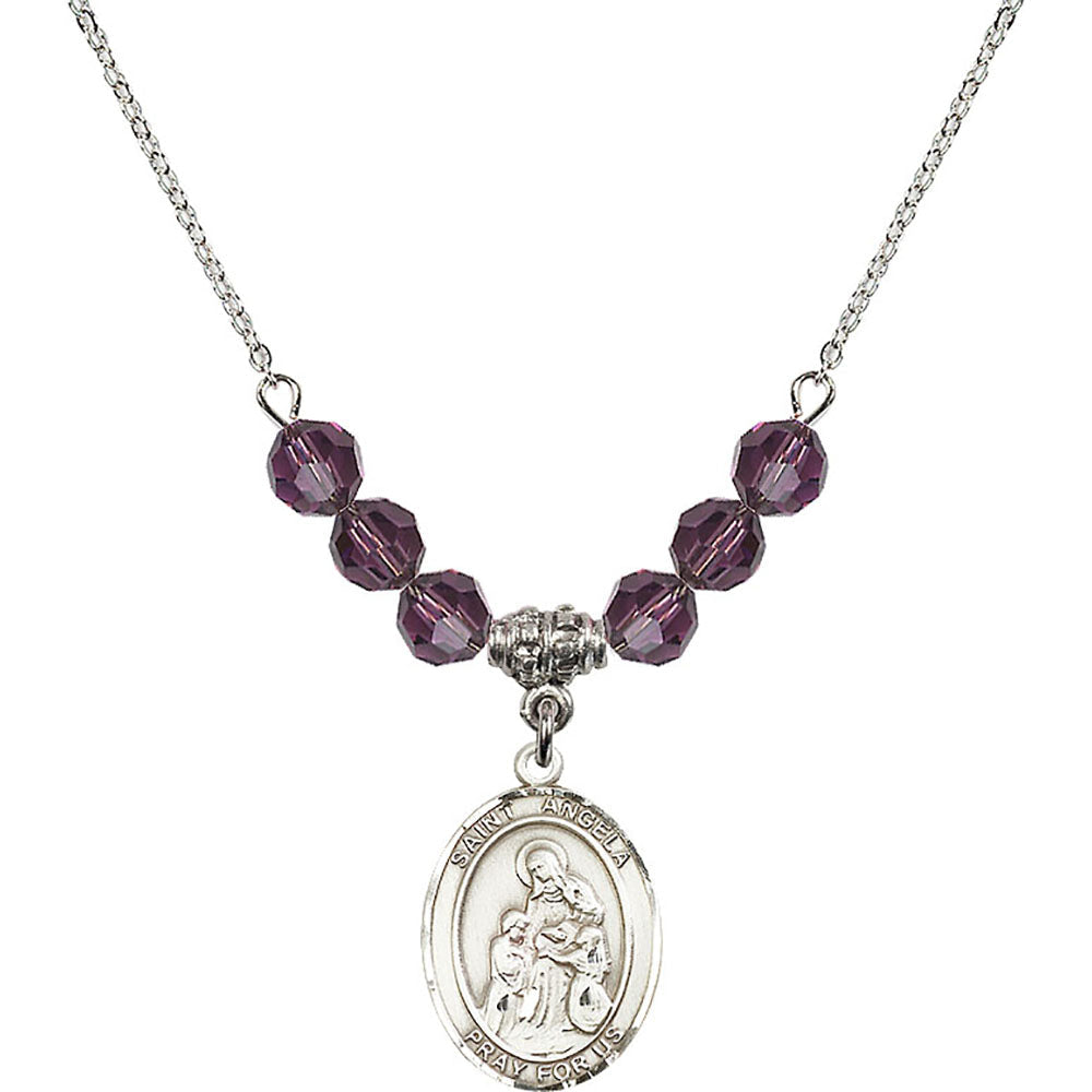 Sterling Silver Saint Angela Merici Birthstone Necklace with Amethyst Beads - 8284