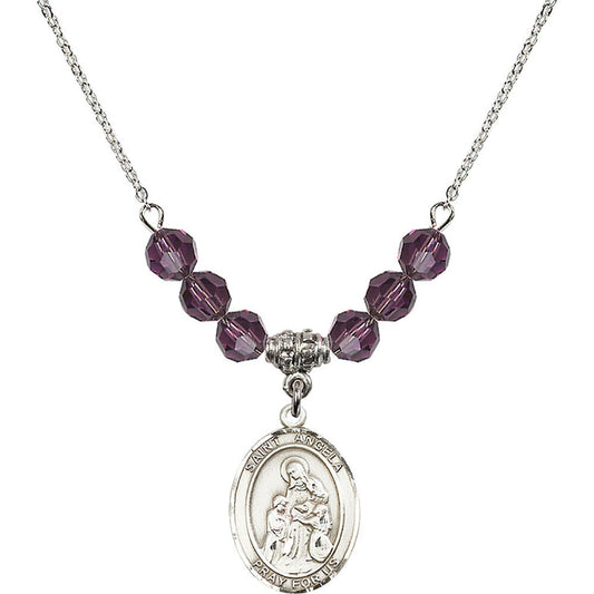Sterling Silver Saint Angela Merici Birthstone Necklace with Amethyst Beads - 8284