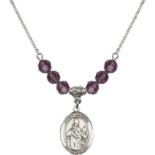 Sterling Silver Saint Walter of Pontoise Birthstone Necklace with Amethyst Beads - 8285