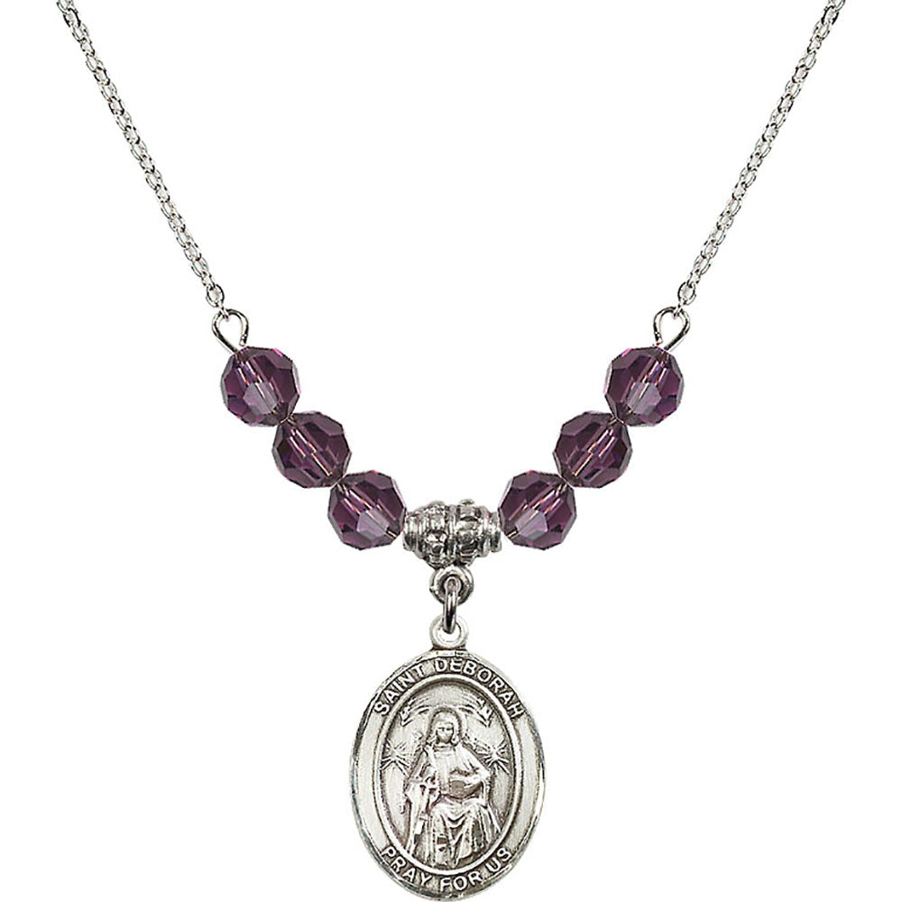 Sterling Silver Saint Deborah Birthstone Necklace with Amethyst Beads - 8286