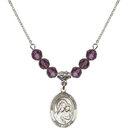 Sterling Silver Our Lady of Good Counsel Birthstone Necklace with Amethyst Beads - 8287