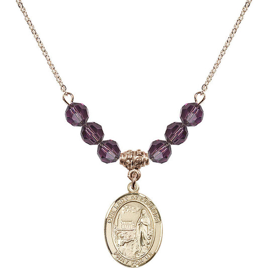 14kt Gold Filled Our Lady of Lourdes Birthstone Necklace with Amethyst Beads - 8288