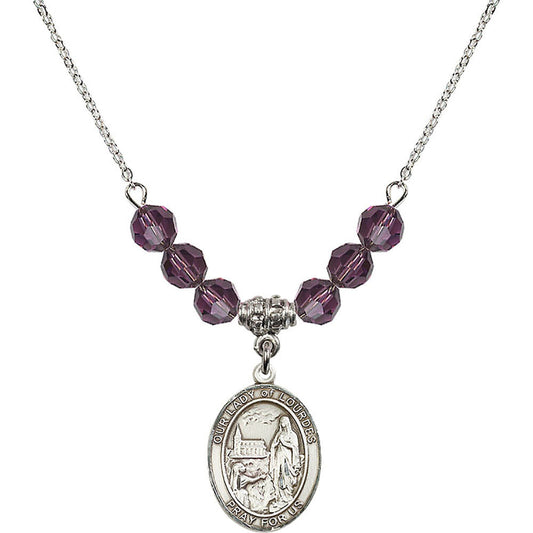Sterling Silver Our Lady of Lourdes Birthstone Necklace with Amethyst Beads - 8288
