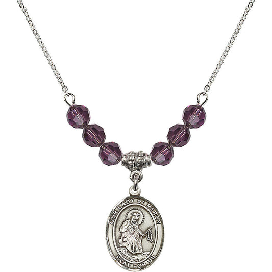Sterling Silver Our Lady of Mercy Birthstone Necklace with Amethyst Beads - 8289