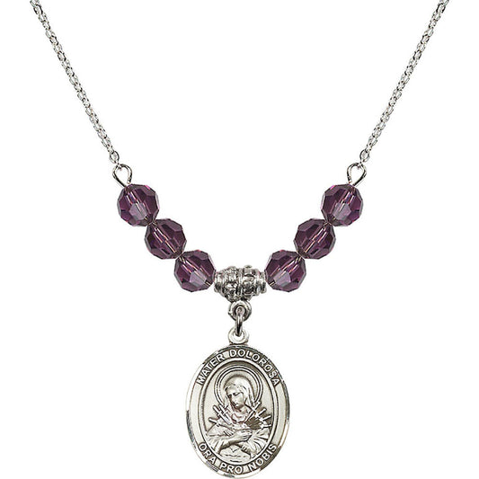 Sterling Silver Mater Dolorosa Birthstone Necklace with Amethyst Beads - 8290