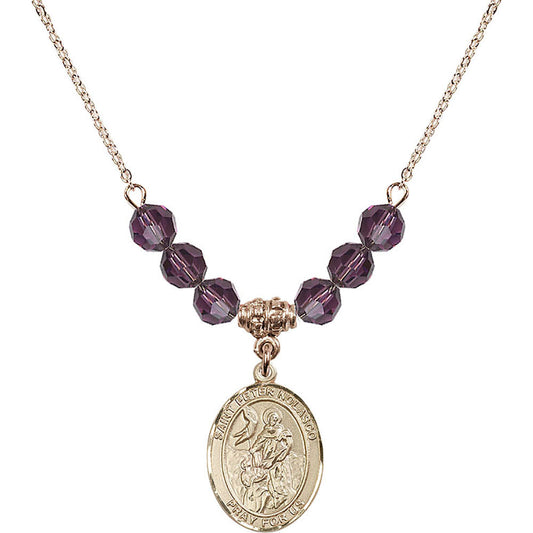 14kt Gold Filled Saint Peter Nolasco Birthstone Necklace with Amethyst Beads - 8291
